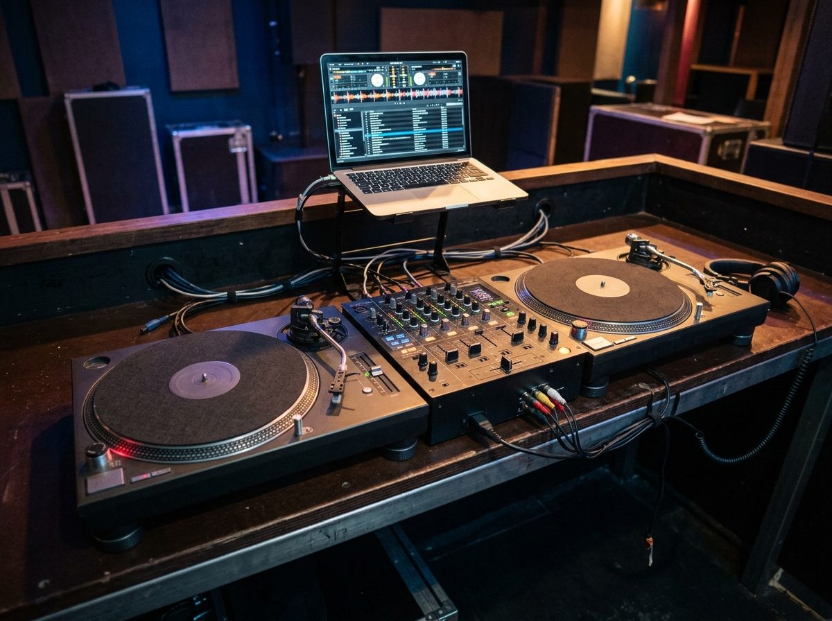 Two turntables either side of a scratch mixer