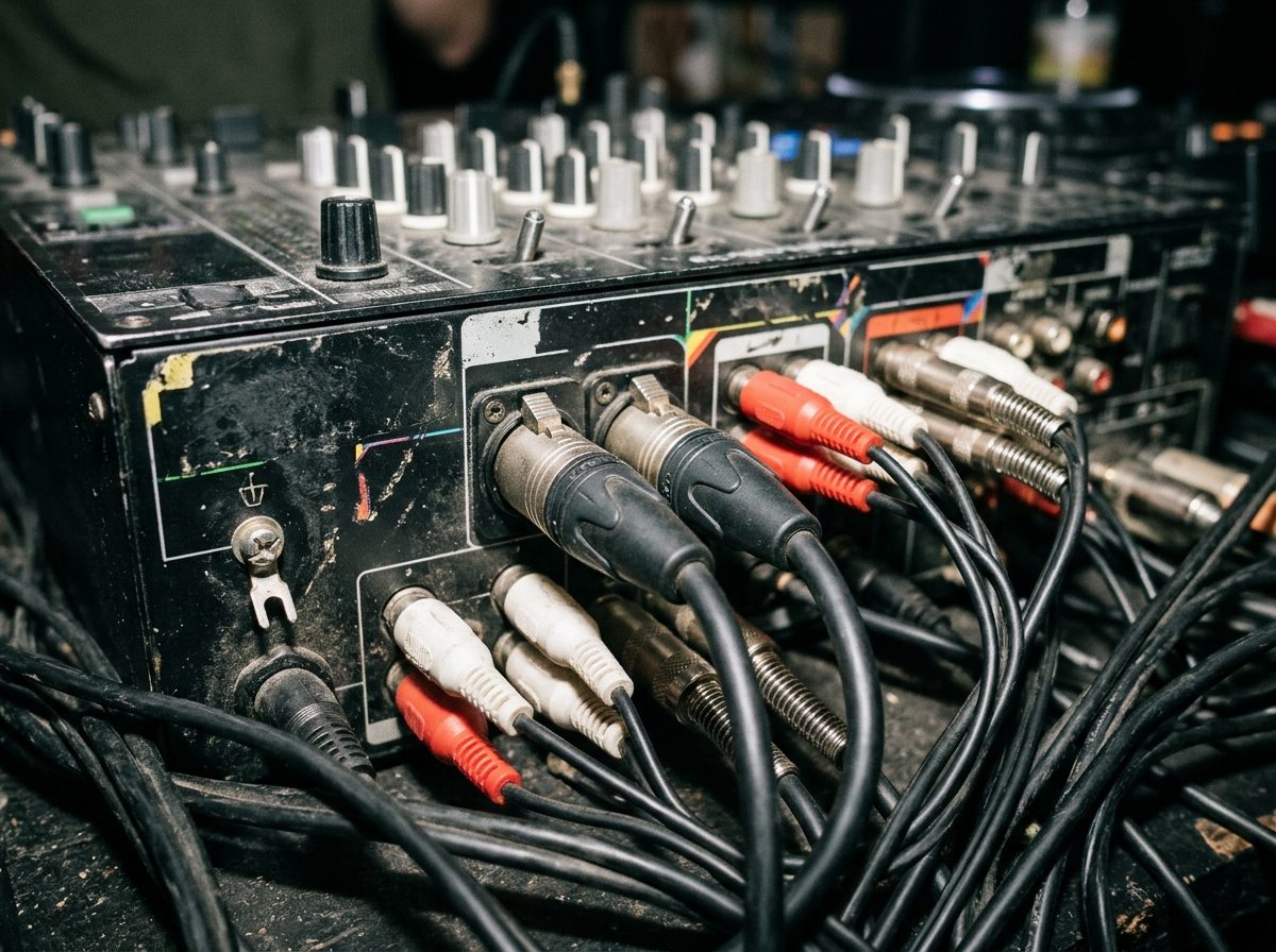 Back panel of a DJ mixer with RCA inputs and XLR master outputs