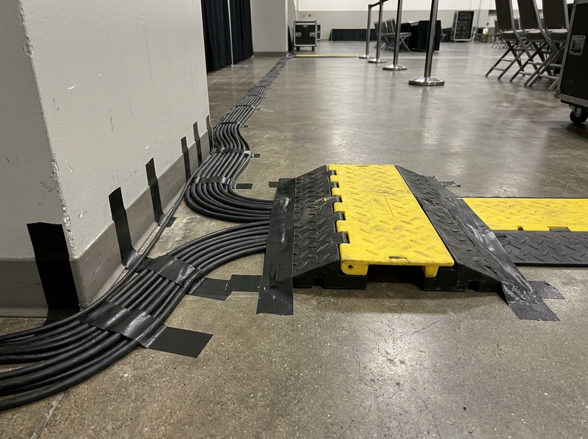 Cables along a wall and under a cable ramp across a walkway