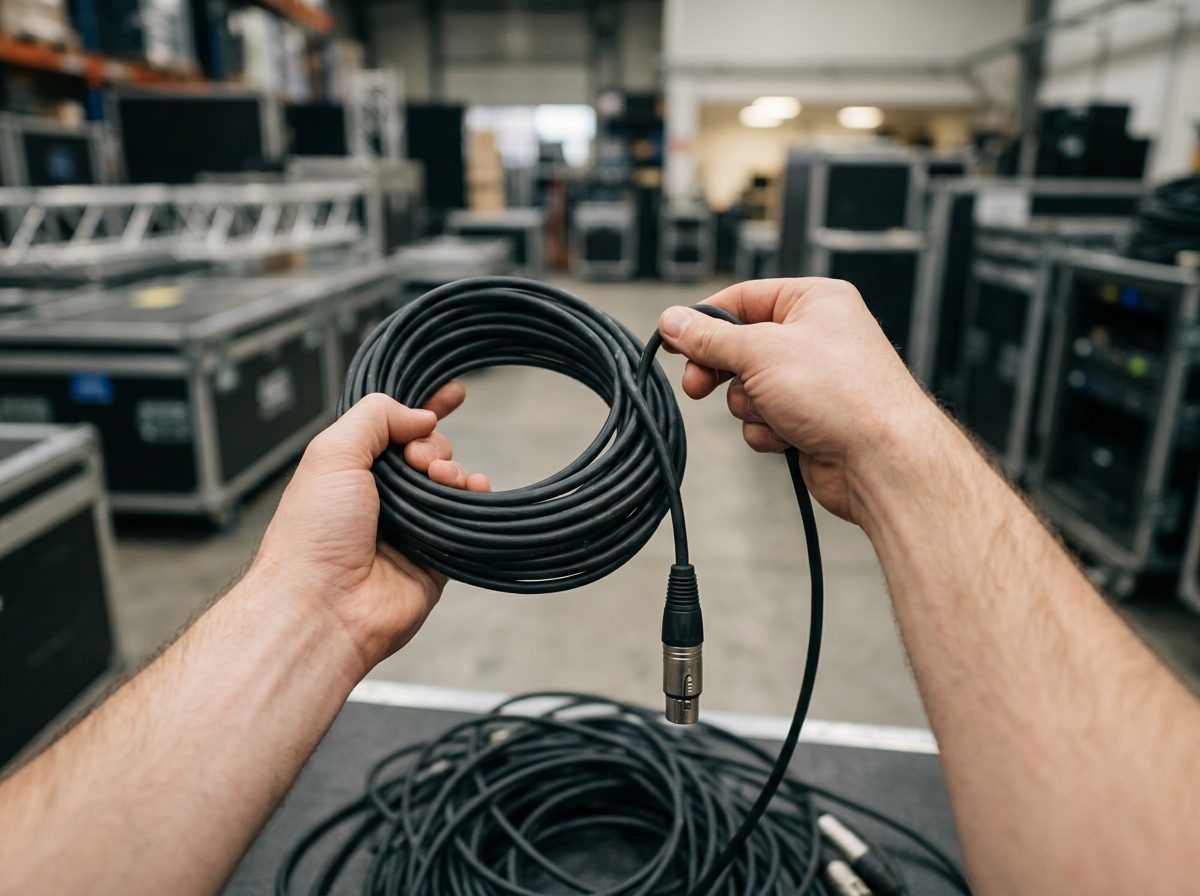 Hands coiling an XLR cable over-under