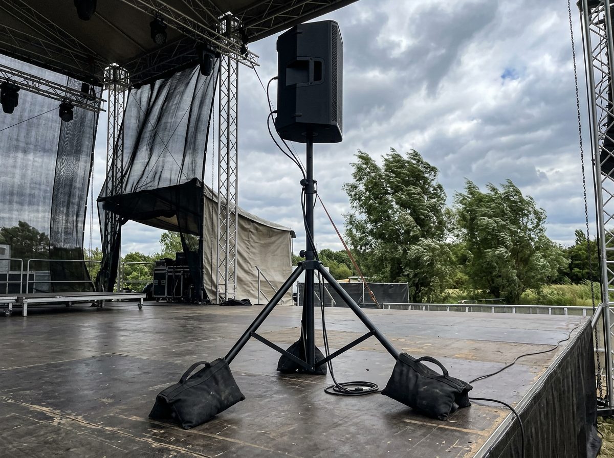 Speaker on a tripod stand with sandbags on each leg