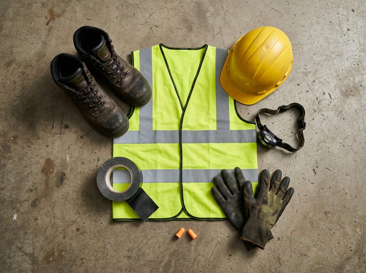 Safety boots, gloves, hi-vis, earplugs and a hard hat