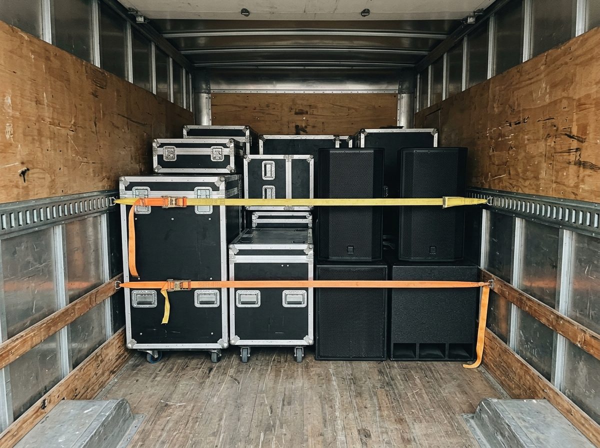 Truck loaded with flight cases strapped against the bulkhead