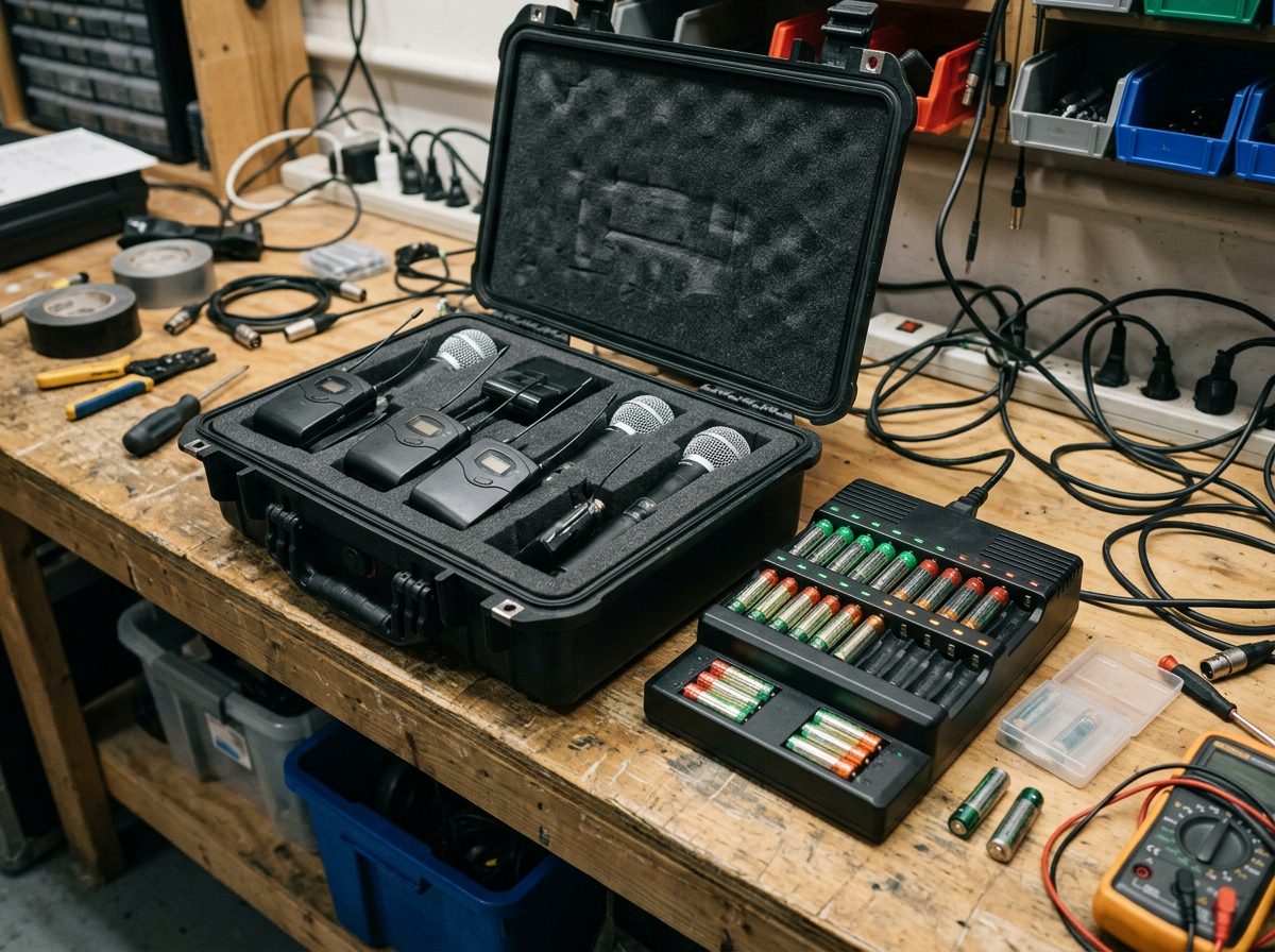 Wireless mics in a case beside a battery charger