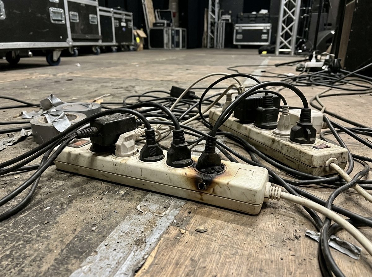 Overloaded multiplug with a second multiplug daisy-chained into it and a scorch mark