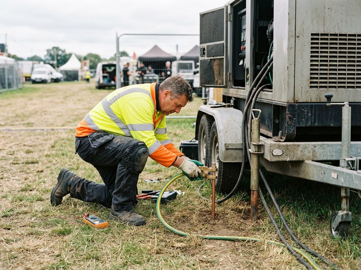 Electrician checking an earth spike beside a trailer generator